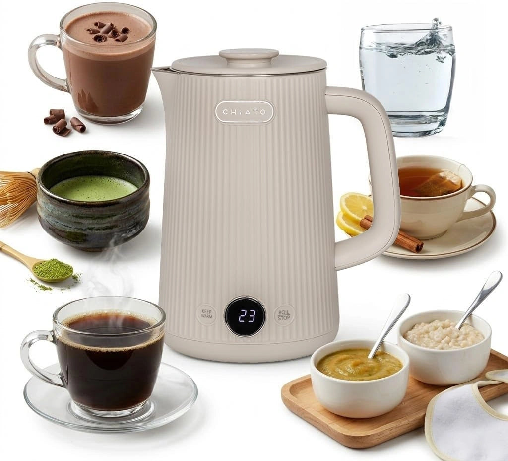 Bollitore, Bollitore elettrico, 2200 W, 1,7 l, con display digitale, a LED, Argento/Beige