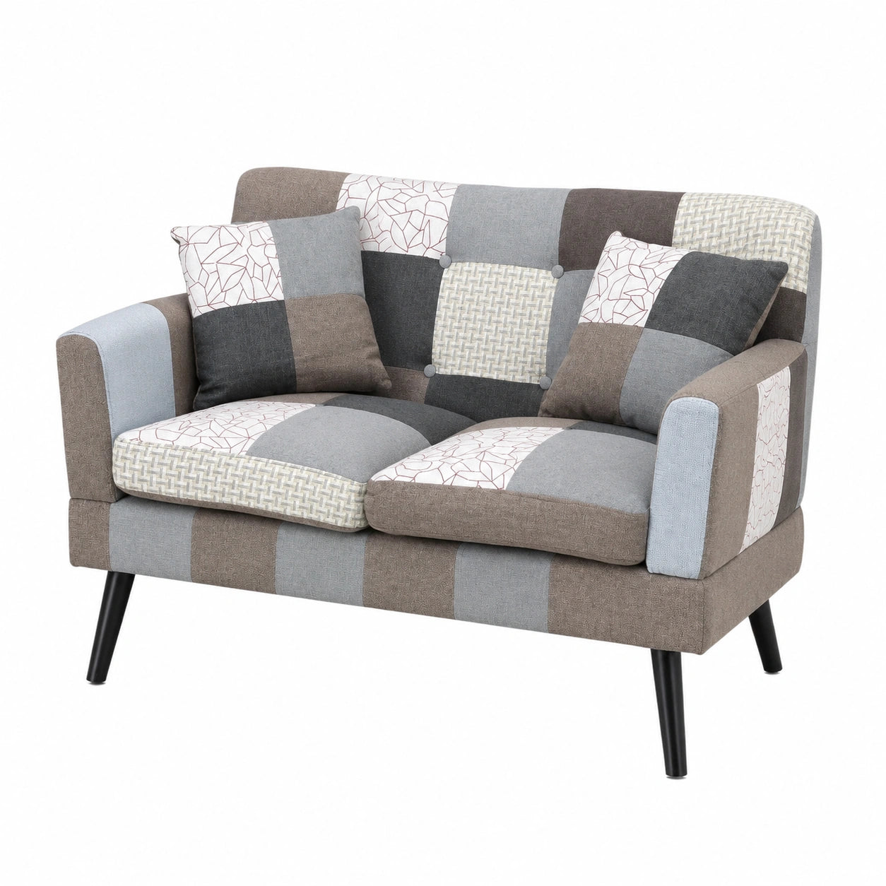 Divano imbottito in tessuto, 2 posti, con braccioli e piedi in legno, stile patchwork elegante