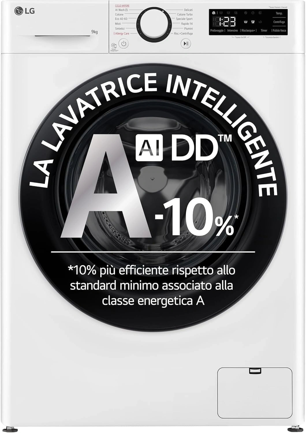 LG AI DD, Lavatrice, 9kg, con tecnologia inverter, con controllo intelligente, Bianco