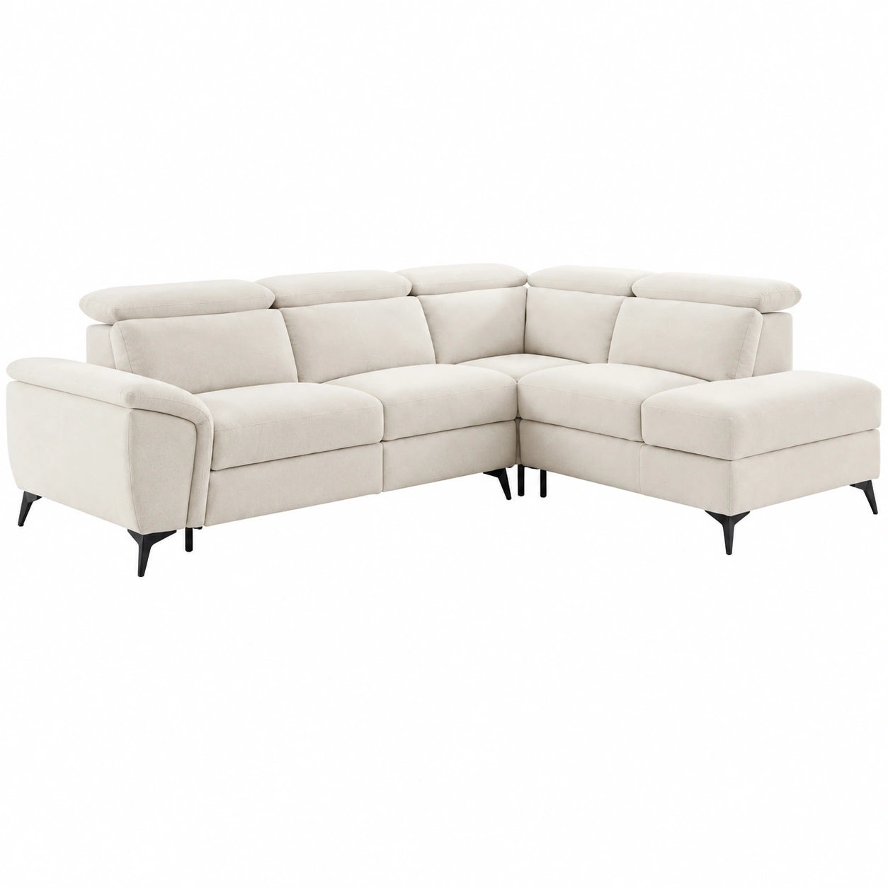 Divano angolare destro in tessuto beige melange con relax elettrico CADILO