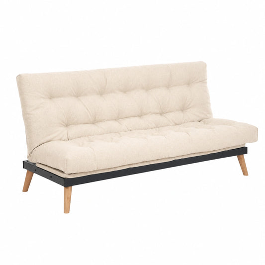 Divano Letto 3 Posti con Futon Imbottito Beige e Gambe in Legno, Schienale Reclinabile Clic Clac