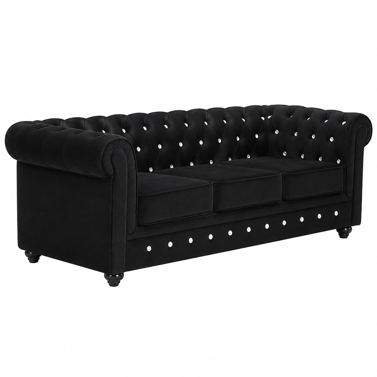 Divano Chesterfield 3 posti in velluto nero con seduta rimovibile