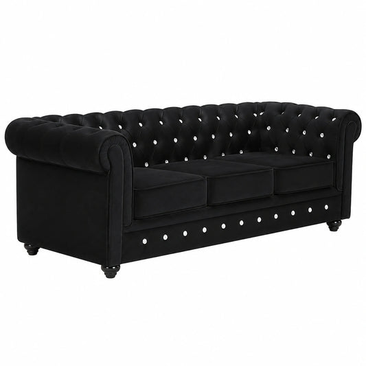 Divano Chesterfield 3 posti in velluto nero con seduta rimovibile
