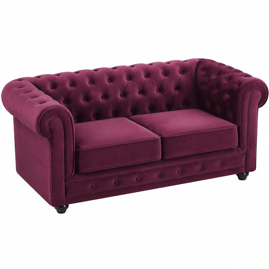 Divano Chesterfield 2 posti in velluto bordeaux con seduta rimovibile