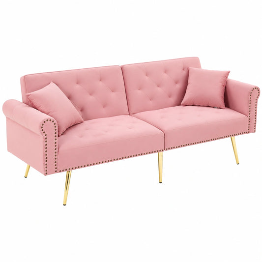 Divano Letto Modulare in Velluto Rosa con Gambe Oro, Regolabile a 3 Posizioni, 2 Cuscini Inclusi