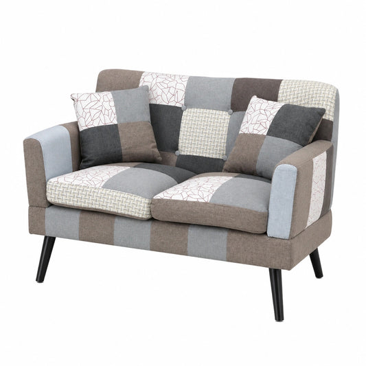 Divano imbottito in tessuto, 2 posti, con braccioli e piedi in legno, stile patchwork elegante