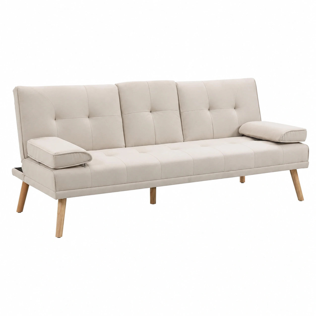 Divano Letto 3 Posti Reclinabile con Braccioli Rimovibili e Portabicchiere, Tessuto Imbottito per Soggiorno, Beige 181x77x78 cm
