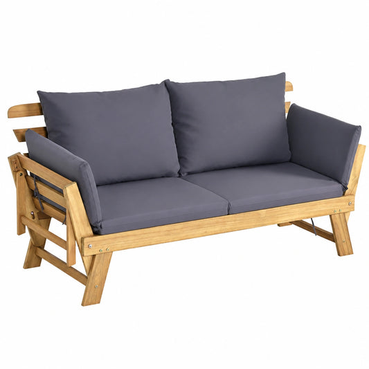 Divano a 2 Posti da Esterno in Legno di Acacia con Braccioli Regolabili e Cuscini, Lettino Chaise Longue per Giardino e Piscina