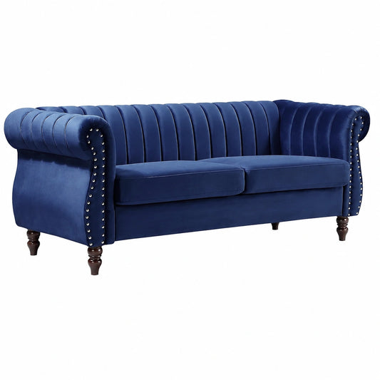 Divano Chesterfield 3 Posti in Velluto Blu con Seduta Sfoderabile