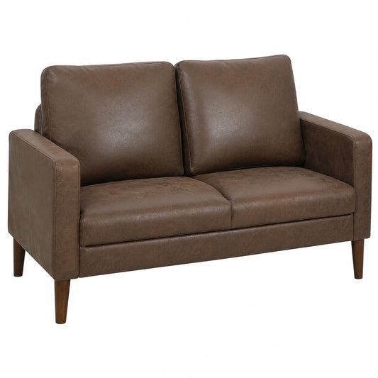 Divano HOMCOM 2 Posti in Tessuto Effetto Pelle con Cuscini e Gambe in Legno, Salvaspazio con Braccioli, 130x78x85 cm, Marrone Scuro