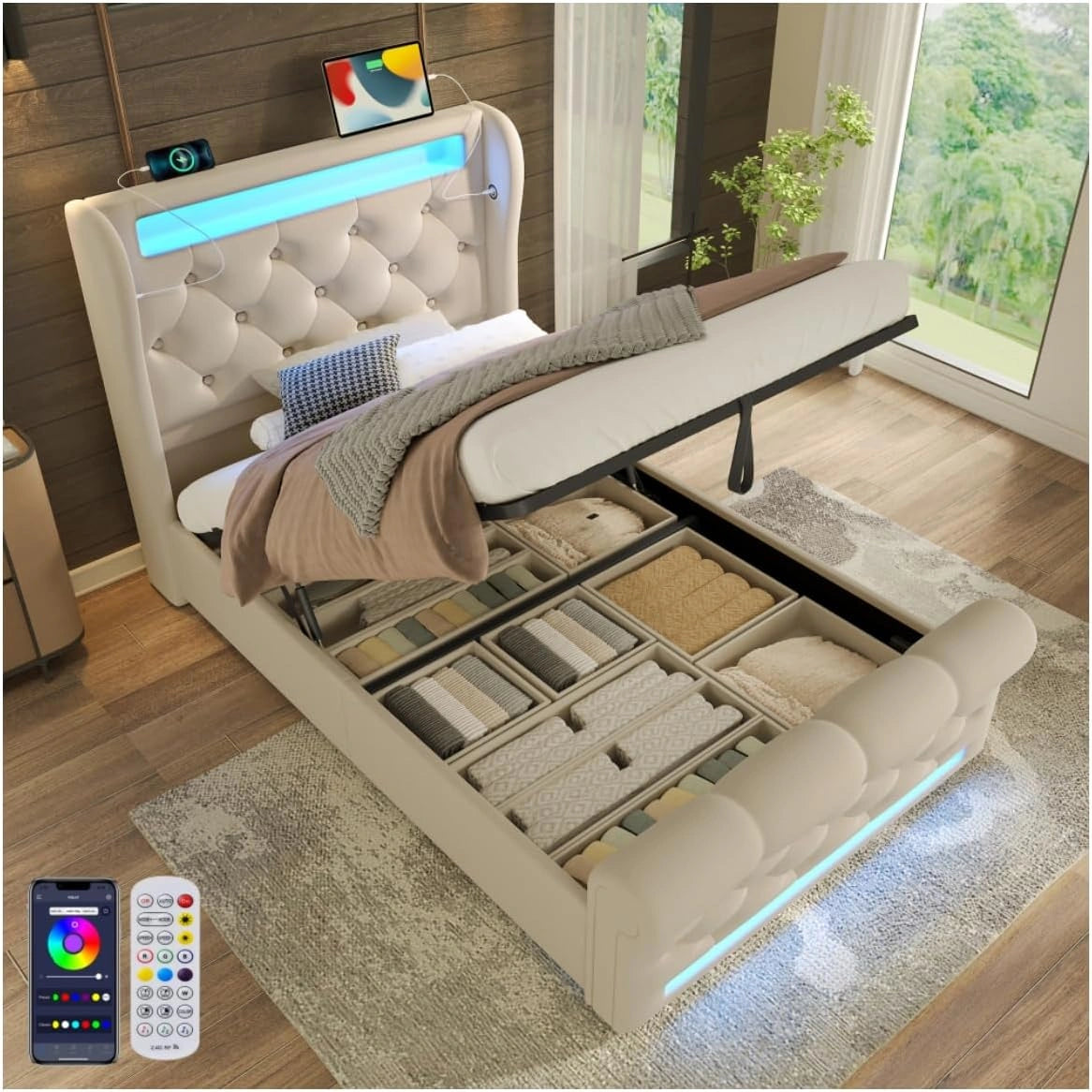 Letto, a LED, Beige
