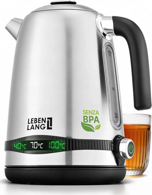 LEBENLANG, Bollitore elettrico, 2200W, 1,7 Litri, con display digitale, silenzioso, regolabile, Argento