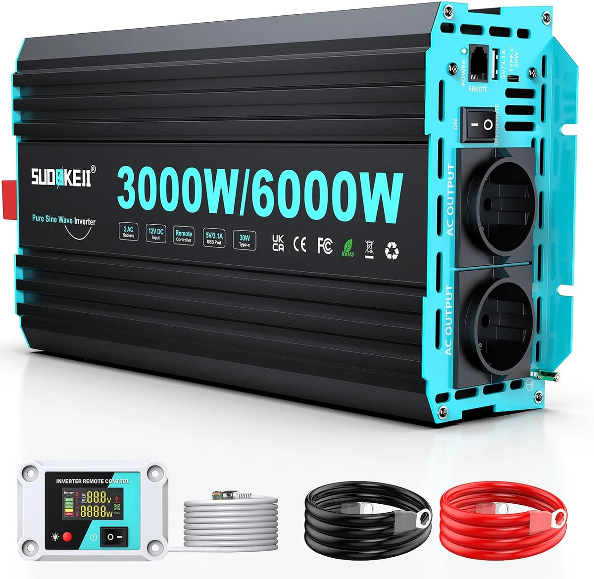 Inverter SUDOKEJI 3000W/6000W, Prodotto per casa e tempo libero, 3000W, 6000W, 12V, con telecomando, con display digitale, con tecnologia inverter
