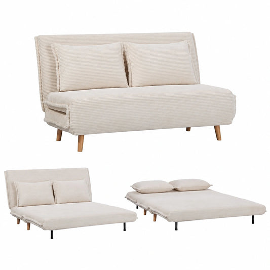 Divano Letto Matrimoniale 160x190 con Materasso e Cuscini, Schienale Regolabile, Gambe in Legno, Bianco