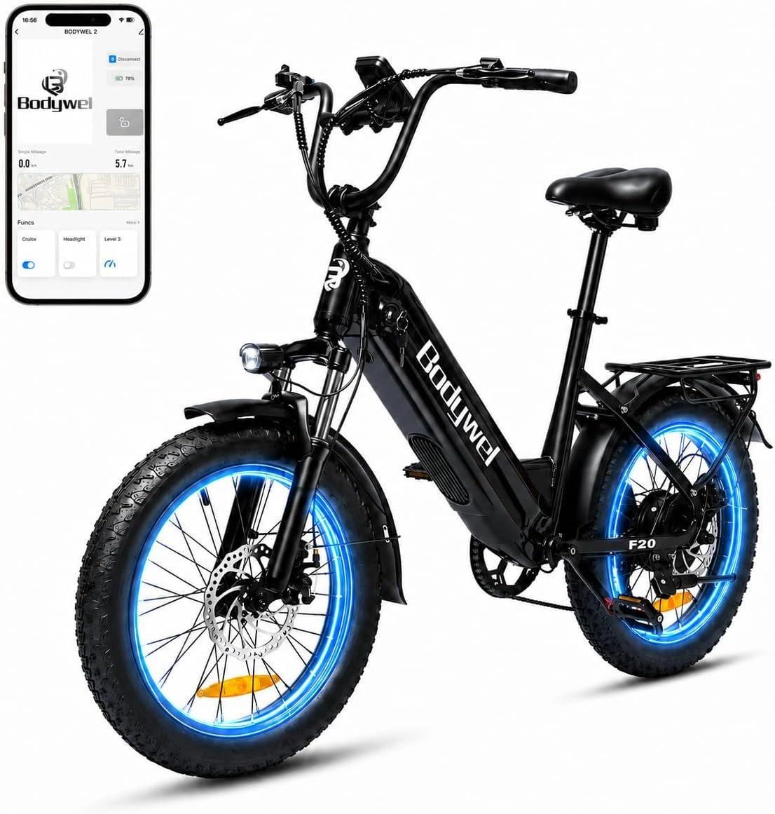 Bodywel F20, Bicicletta elettrica, 48 V, 15 Ah, 250 W, regolabile, Nero