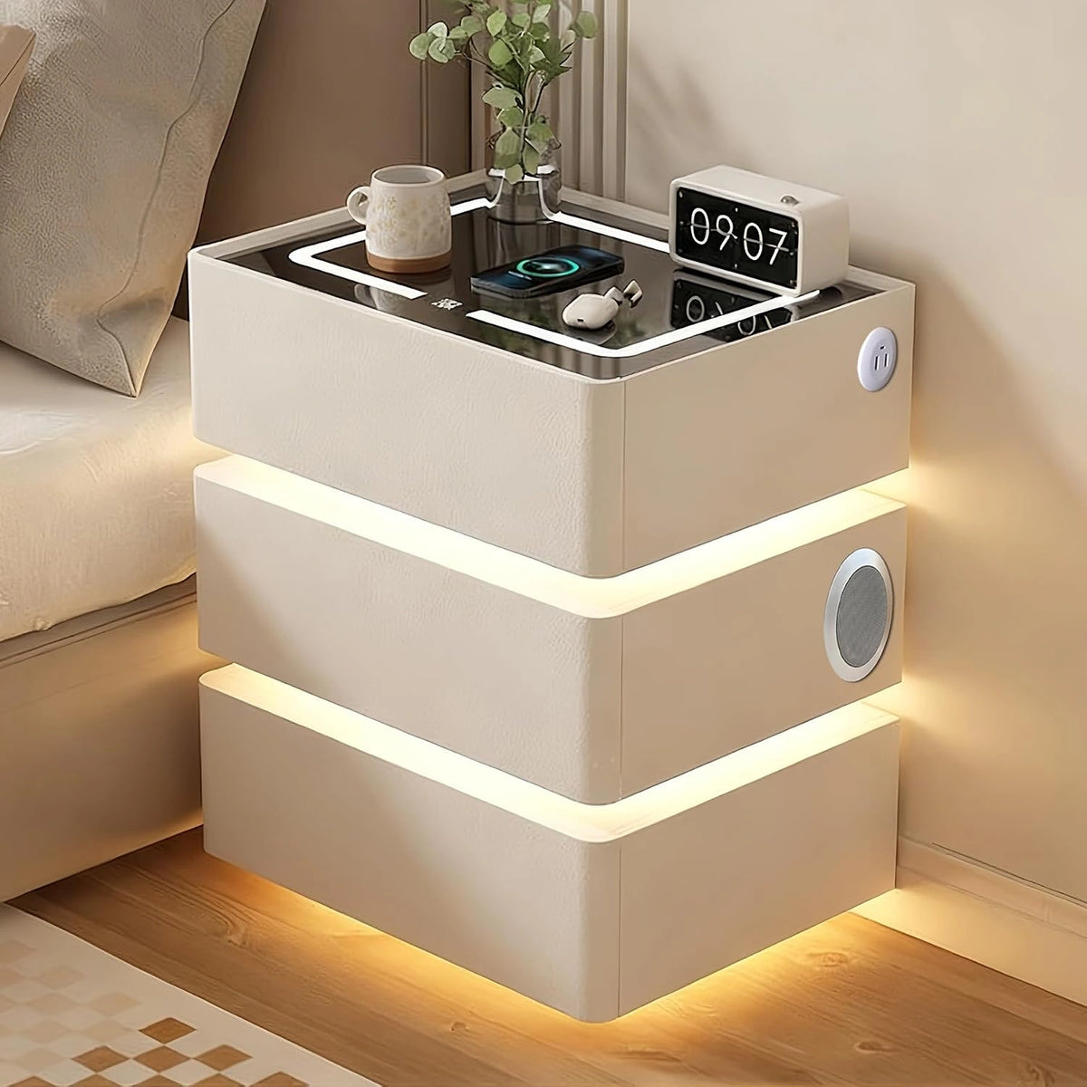 Comodino, Sistema audio, con Bluetooth, a LED, Bianco